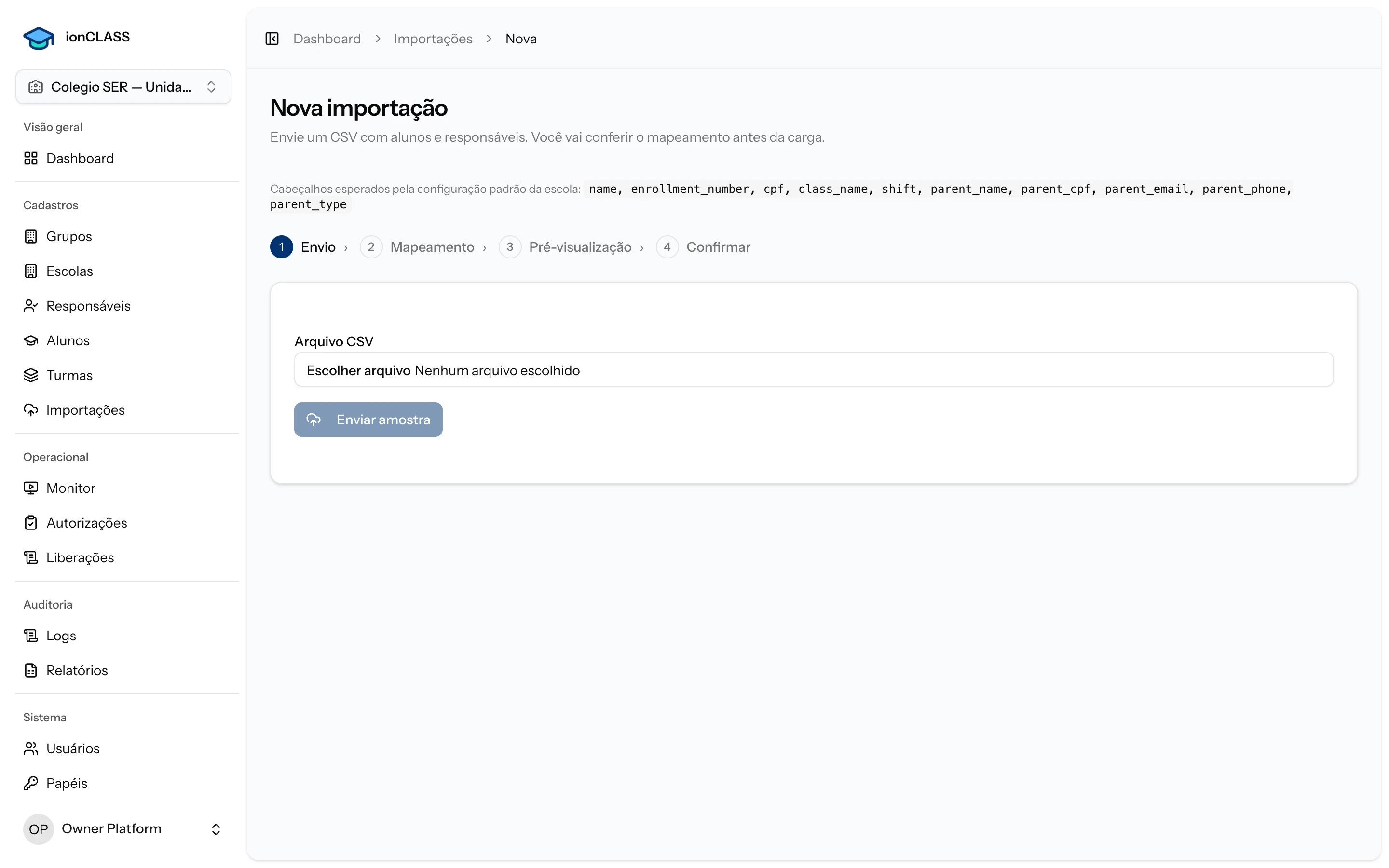 Painel — assistente de importação por CSV (Envio → Mapeamento → Pré-visualização → Confirmar)