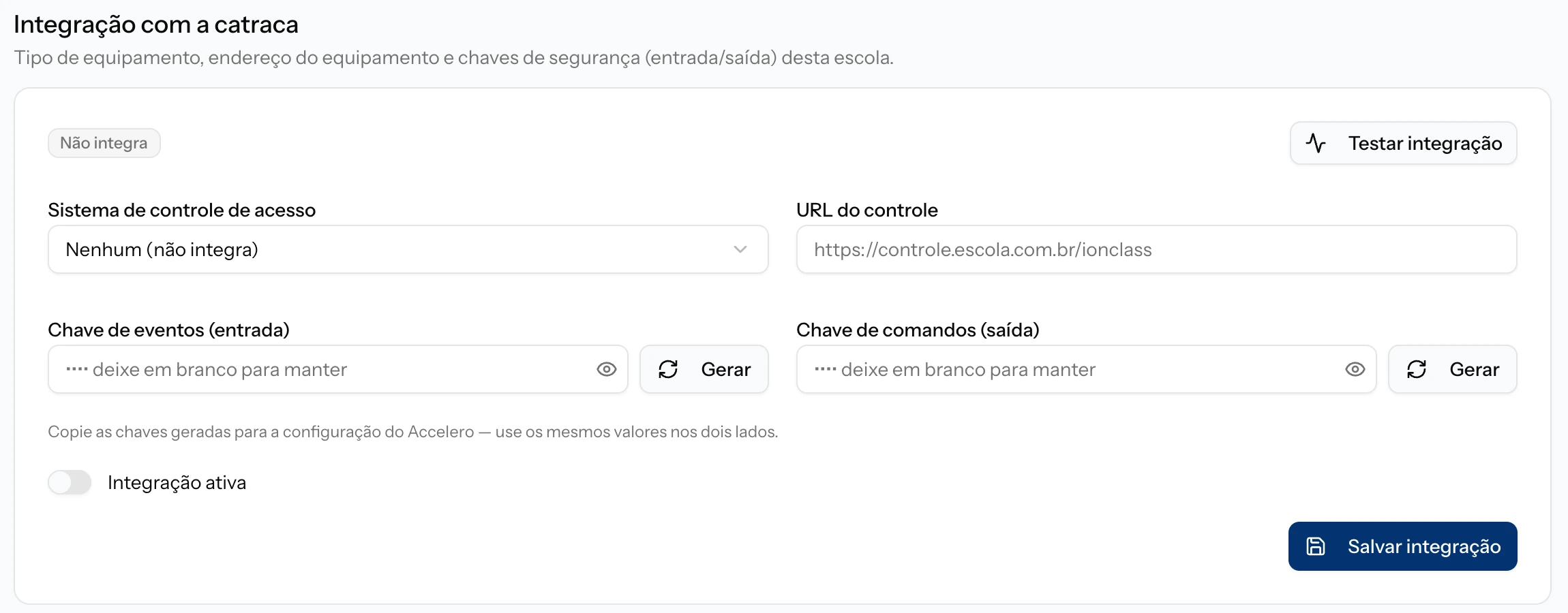 Painel — seção "Integração com a catraca" na aba Configurações da escola
