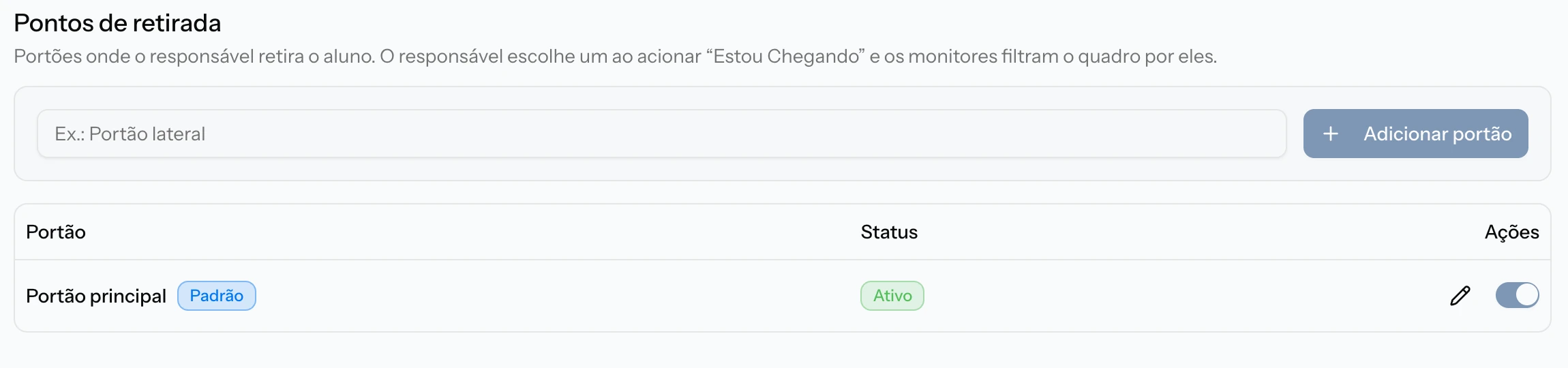 Painel — Pontos de retirada (portões) na aba Configurações da escola